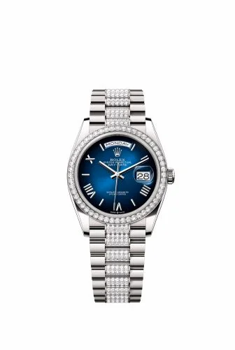 Rolex Day-Date 36 White Gold - Baguette / Blue Ombré - Diamond / President - Diamond 128349RBR-0048 (m128349rbr-0048)